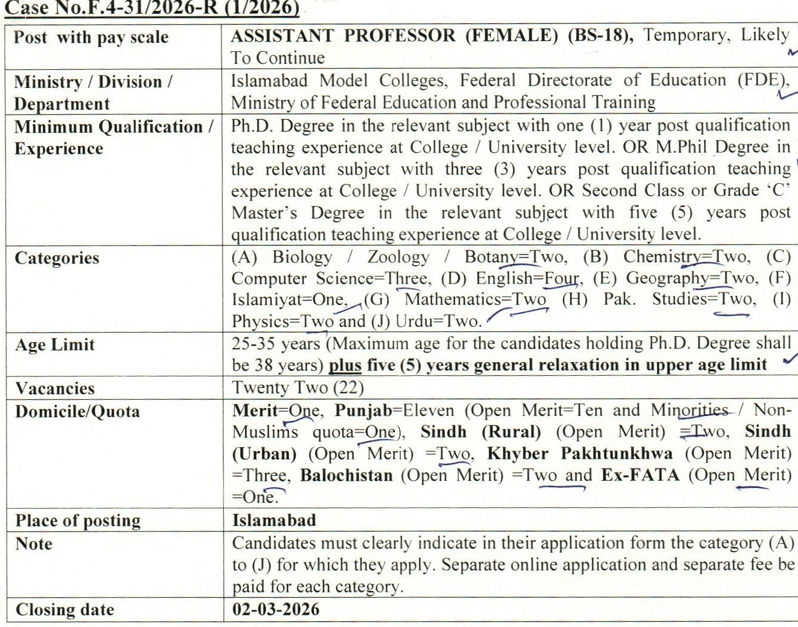 FPSC FDE Assistant Professor Female Jobs Advertisement 2026