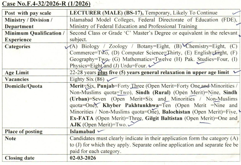 FPSC FDE Lecturer Male Jobs Advertisement 2026