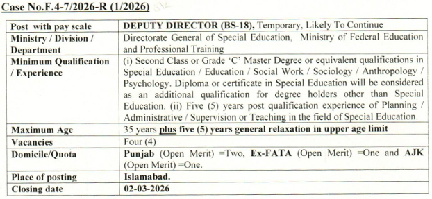 FPSC FGSE Deputy Director Jobs Advertisement 2026