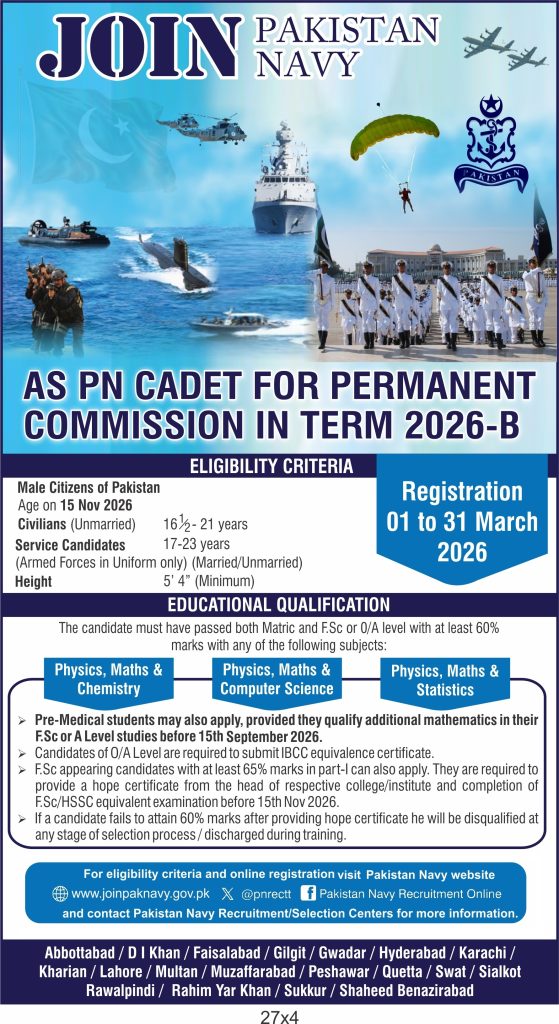 Pakistan Navy PN Cadet Jobs Advertisement 2026